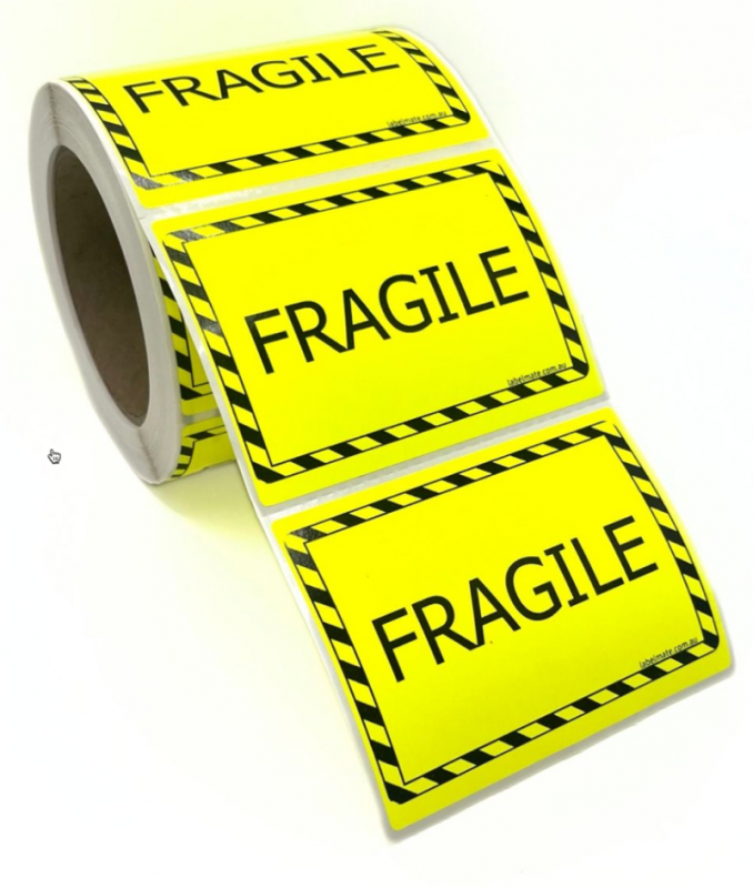 100×75 FRAGILE Fluro Yellow Warning Label Roll Black Printed