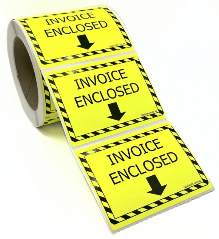 100×75 INVOICE ENCLOSED Fluro Yellow Warning Label Roll Black Printed