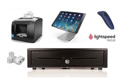LightSpeed Retail X-Series Bundle No.10 - Bluetooth Printer, 2D Bluetooth Scanner, Cash Drawer, Paper, iPad Stand