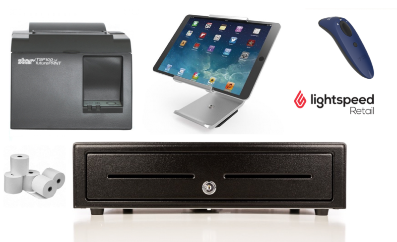 LightSpeed Retail X-Series and R-Series Bundle no.8 STAR TSP143LAN Printer, 2D Socket Scanner, Cash Drawer, Paper, iPad Stand