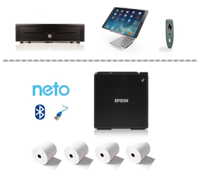 Neto MaroPost Bundle No.32 - Epson Bluetooth & Network Printer + 4 Paper Rolls (Optional Cash drawer, iPad Stand, Cordless Scanner)