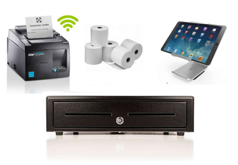 Neto MaroPost iPad Bundle No.11 - STAR TSP143 WLAN Wifi Printer, Cash Drawer, Paper, iPad Stand
