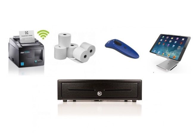 NETO MaroPost Apple iPad Bundle No.9 STAR TSP143 WLAN Wifi Printer, iPad VPOS Tilt Stand, Socket Scanner, Cash Drawer, Paper