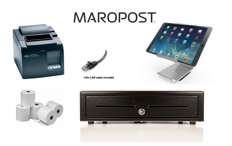 NETO Maropost iPad Bundle no.12 STAR TSP143LAN Printer, iPad Silver Tilt Stand, Cash Drawer, Paper