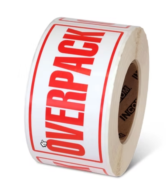50x100 OVERPACK Warning Label Roll Red Printed W50100ROV 50mm X 100mm