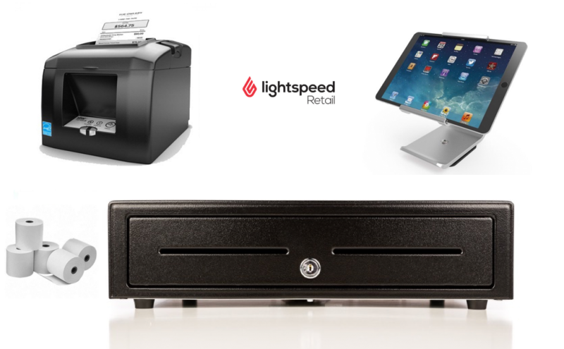 LightSpeed Retail X-Series POS Bundle No.15 -  Bluetooth Printer, Cash Drawer, Paper, iPad Stand