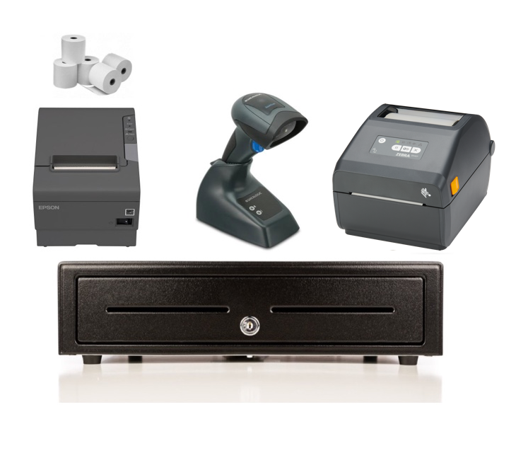 Retail Express Bundle No.25 - Epson Receipt Printer, Cordless Scanner, 4 inch Label Printer, Cash Drawer, Paper