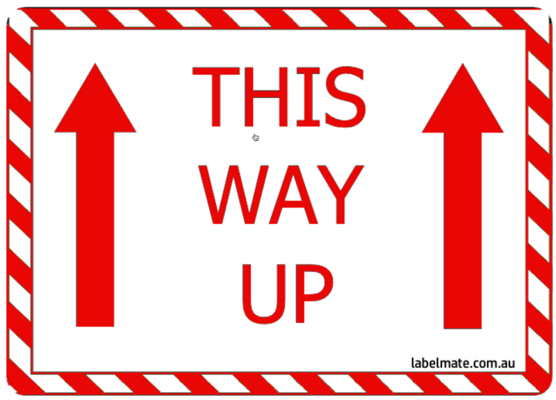 100×75 THIS WAY UP White and Red Warning Label Roll Black Printed