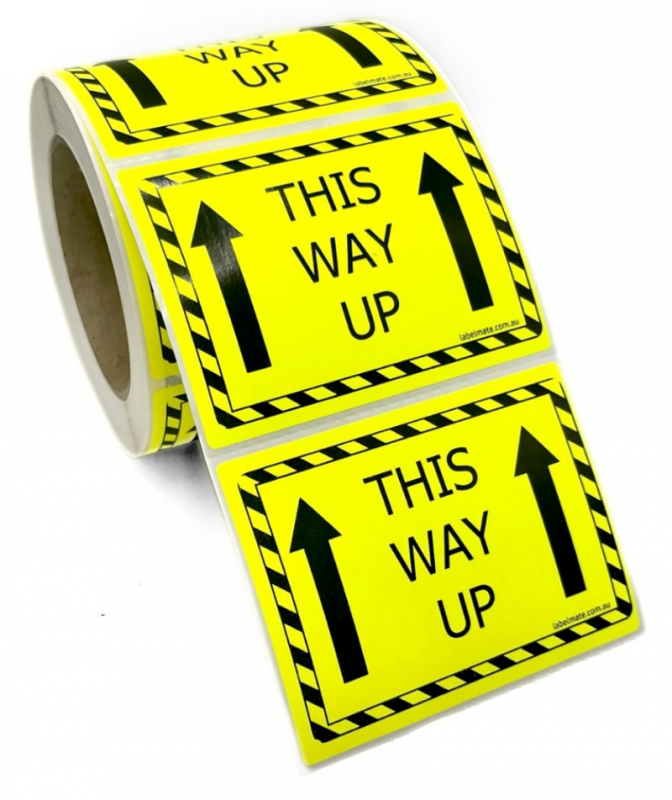 100×75 THIS WAY UP Fluro Yellow Warning Label Roll Black Printed