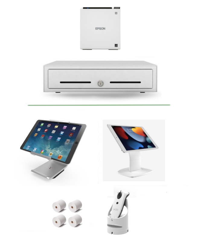 Lightspeed X-Series and R-Series White Epson m30II Bundle - Receipt Printer & Cash Drawer (Optional Paper, Scanner, Stand, iPad)